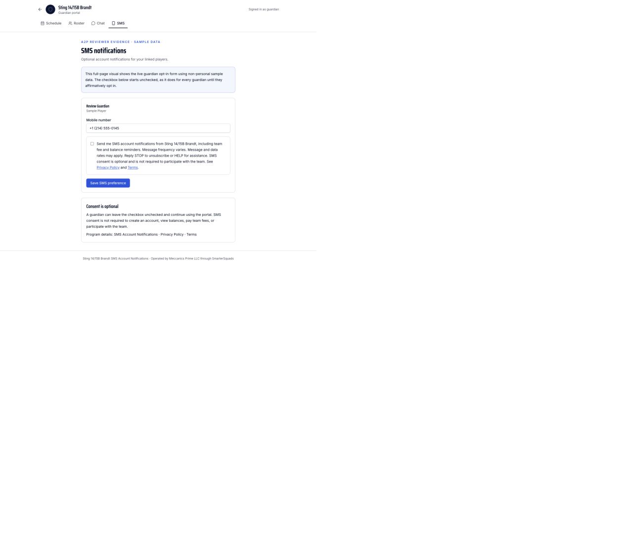 Full-page guardian portal SMS preference screen showing the mobile number field, unchecked consent checkbox, complete disclosure, Privacy Policy and Terms links, and Save SMS preference button